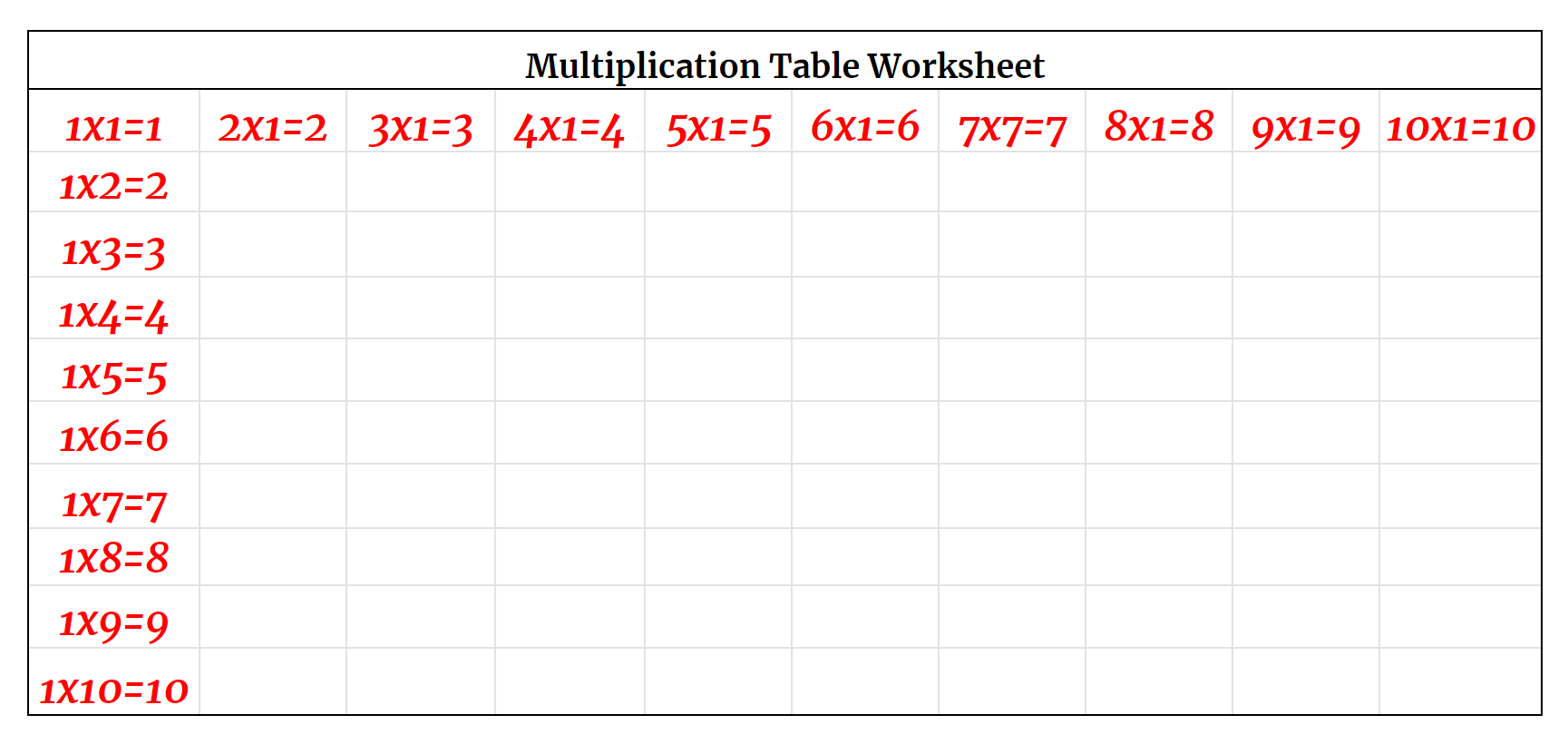 Multiplication Table Worksheet