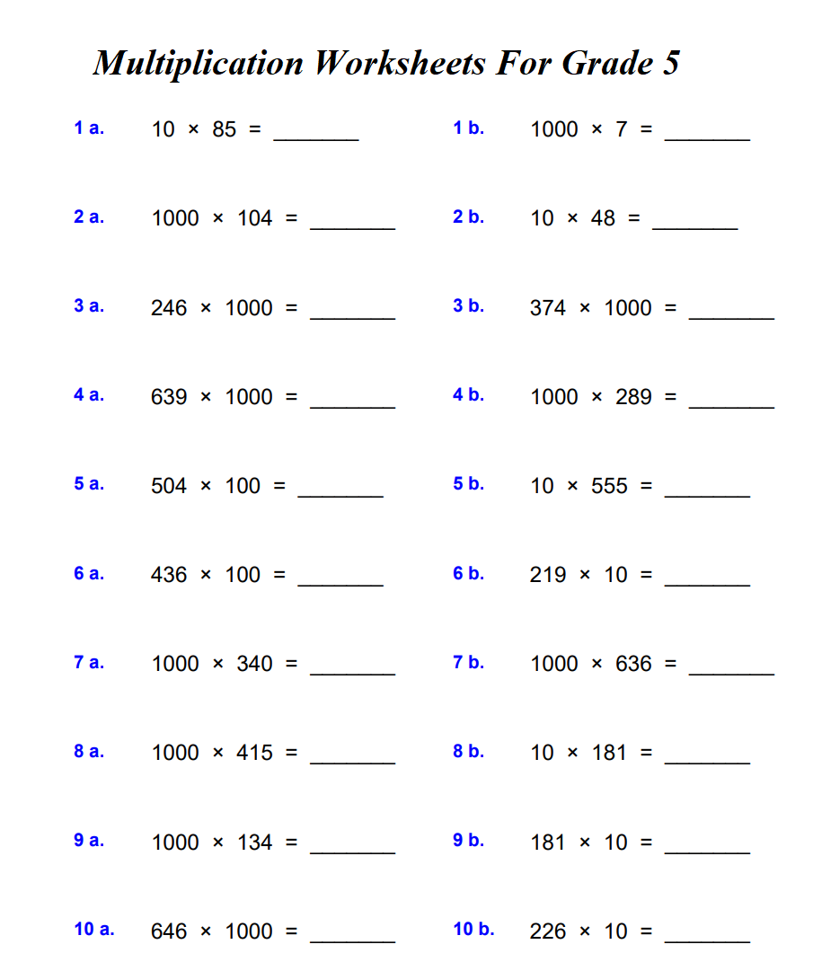 Free Multiplication Worksheet For Grade 5 With Pictures