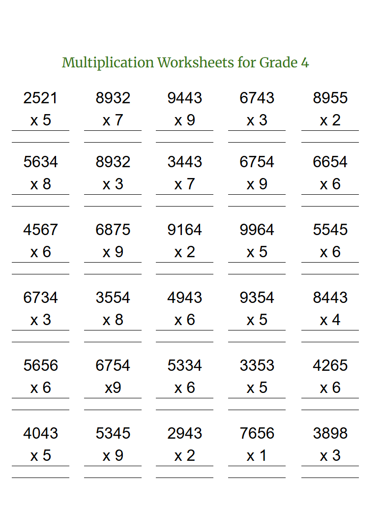 Free Multiplication Worksheets For Grade 4
