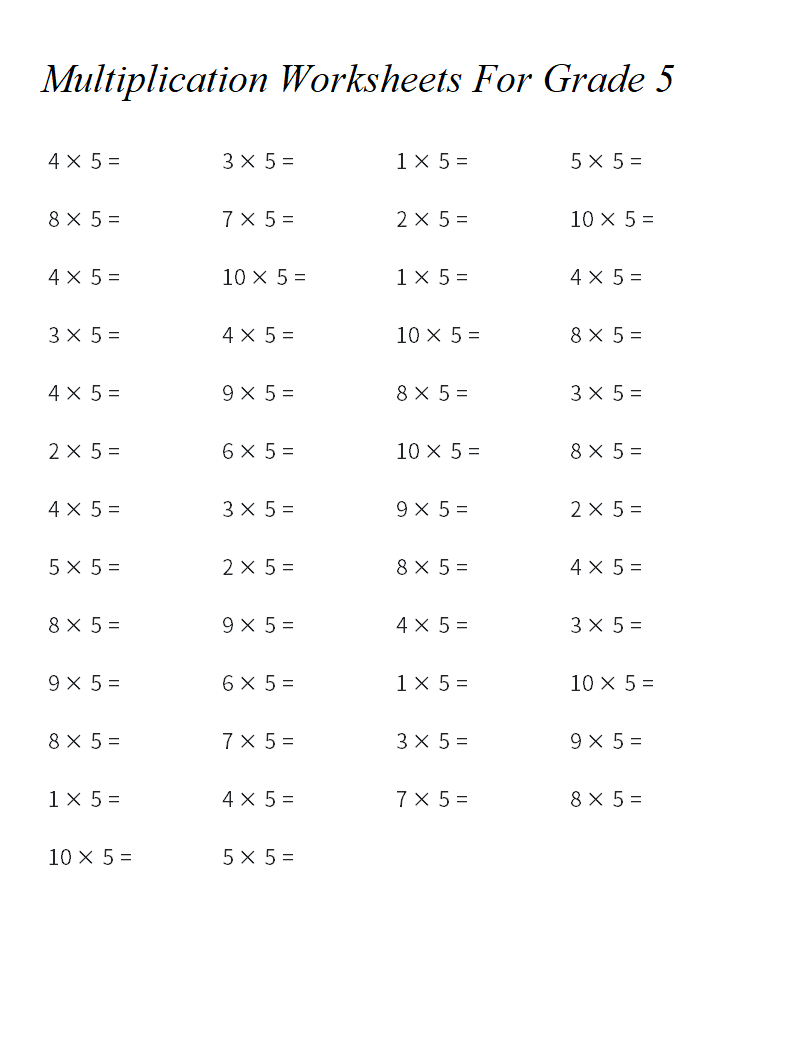 Multiplication Worksheet For Grade 5 with PDF