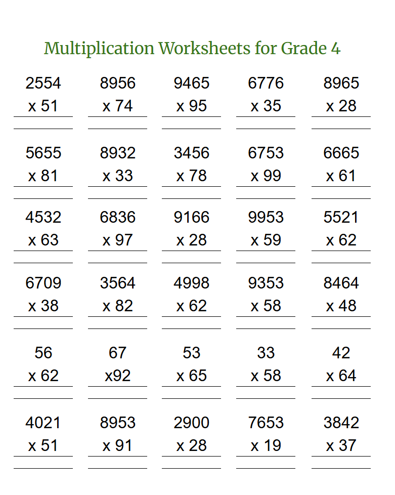 Printable Multiplication Worksheets For Grade 4